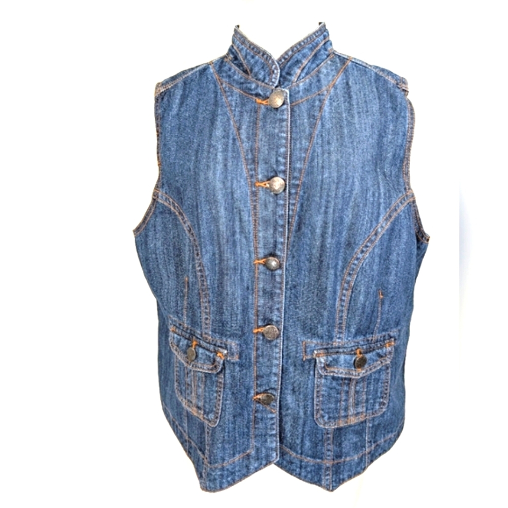 CJ Banks cotton denim button up jean vest W orange stitching. Size X.